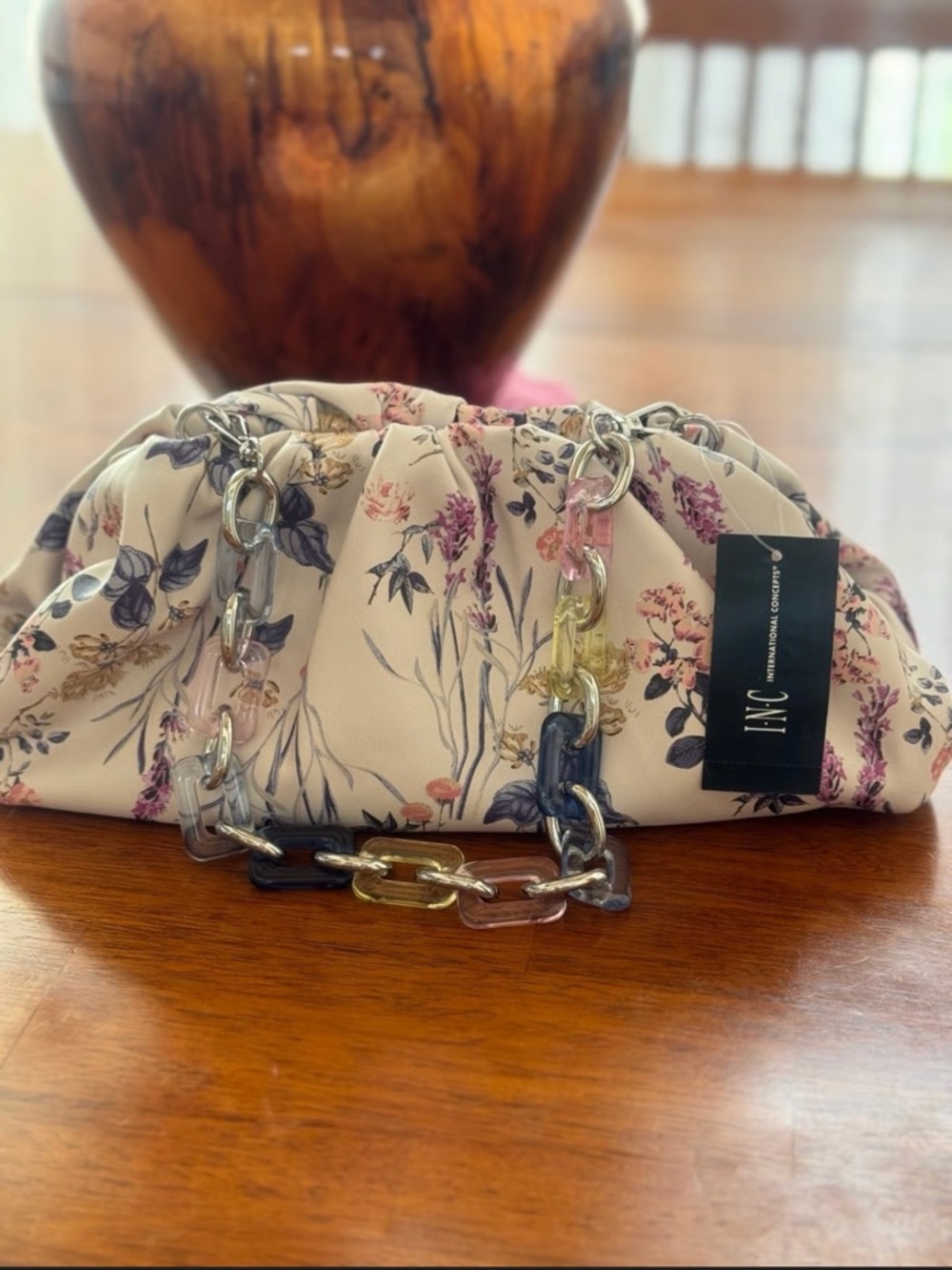 INC International Concepts Floral Cream Clutch with Multicolor Chain